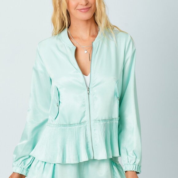 MYSTREE Mint Green Pleated Hem Bomber Jacket, Satin Zip-Up Lightweight Jacket - Picture 1 of 7
